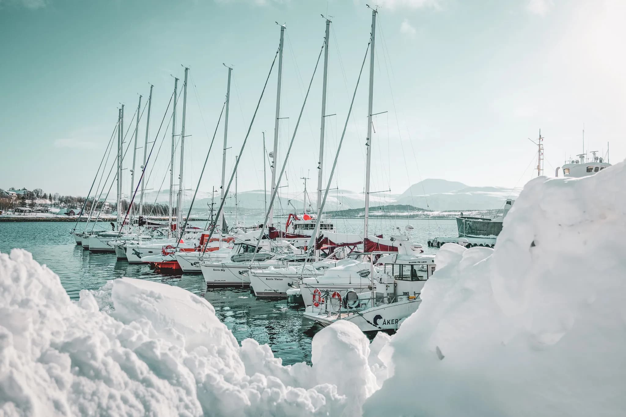 Un port rempli de voiliers amarrés, entouré de neige. Les bateaux, principalement de couleur blanche, se dressent majestueusement avec leurs mâts élancés qui se dirigent vers un ciel légèrement clair. En arrière