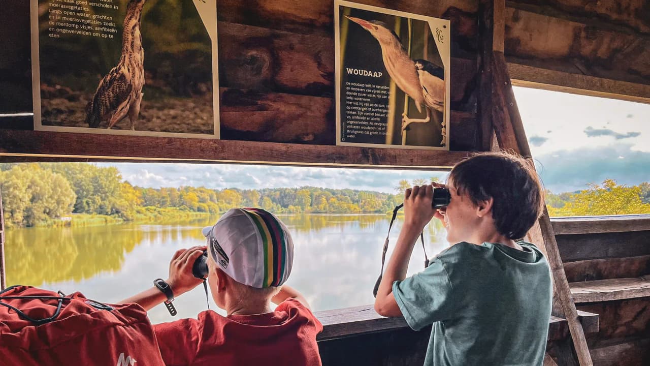 Twee kinderen kijken naar de natuur door een verrekijker vanuit een schuilplaats en bewonderen het vredige landschap.