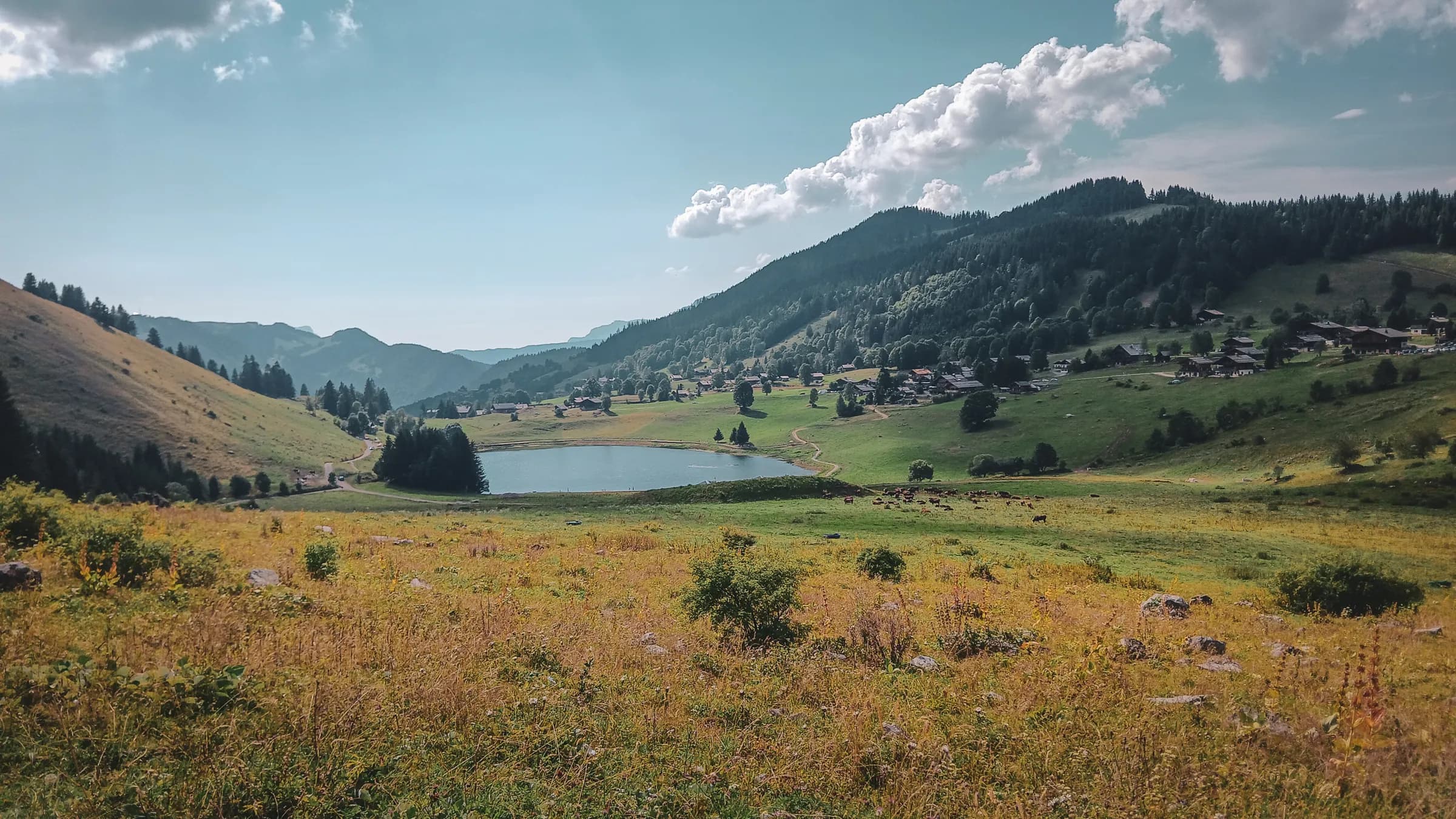 The green Aravis landscape, a tranquil lake surrounded by mountains, an invitation to alpine adventure.