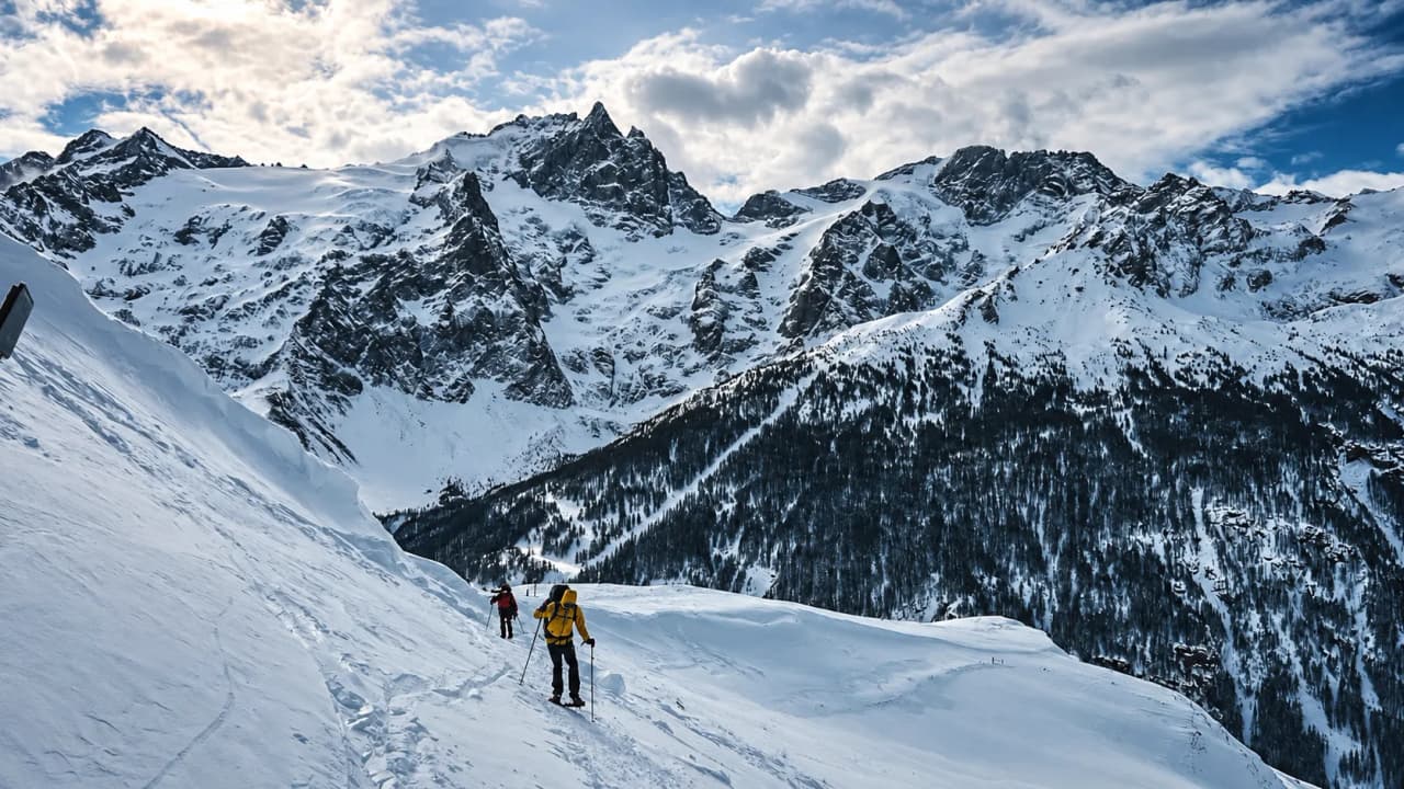 Sneeuwschoenwandelaars op een besneeuwd pad, met de majestueuze Écrins-bergen op de achtergrond.