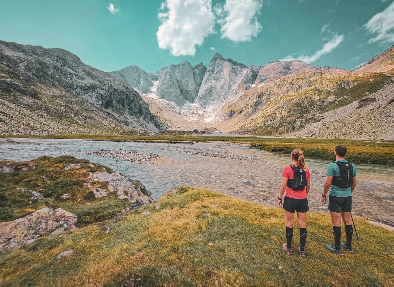 Couple contemplant le Vignemale, entouré de lacs et de montagnes majestueuses. Évasion en nature.