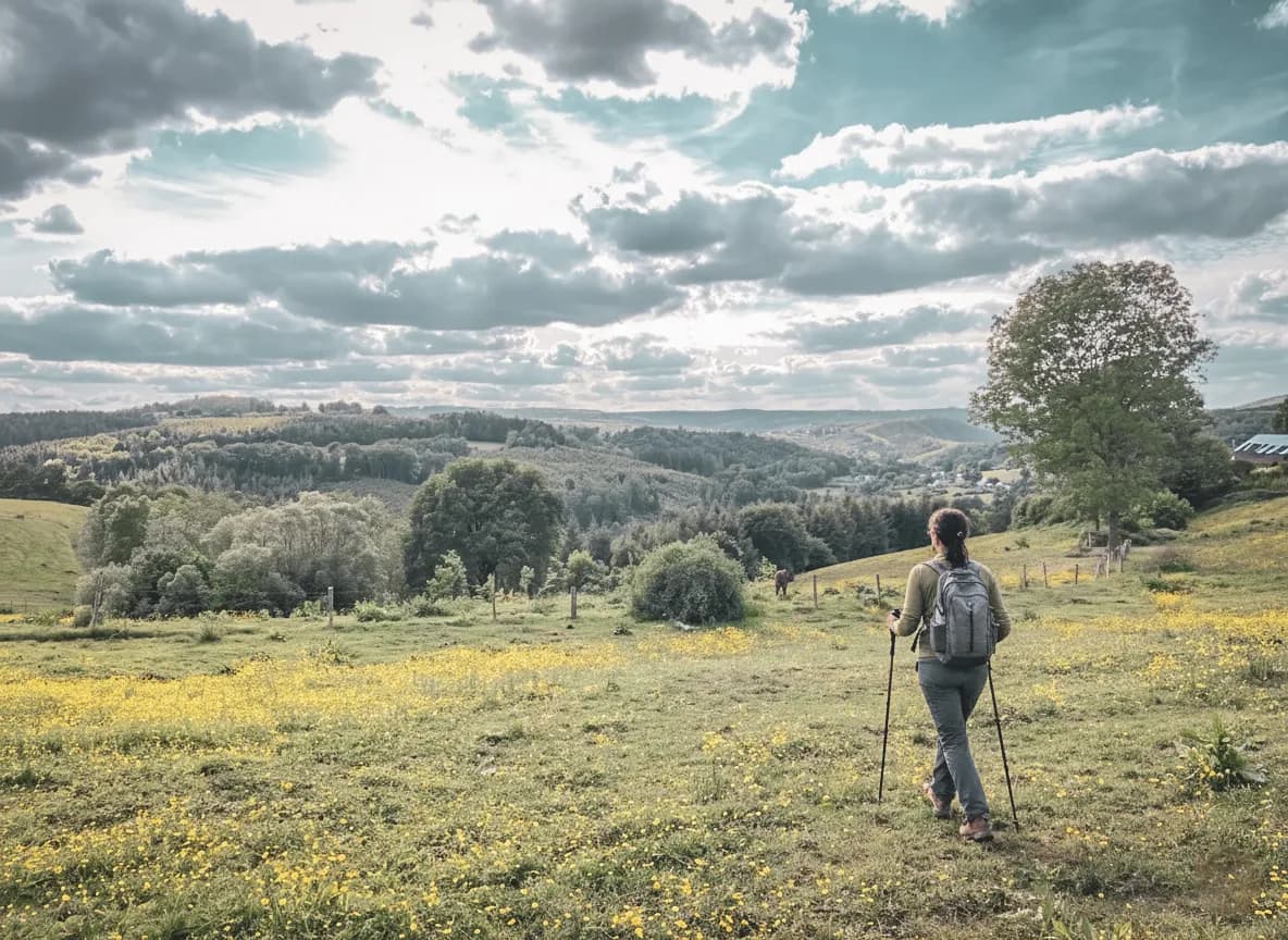 Une randonneuse admire les paysages verdoyants d'Ardenne, à la recherche du brame du cerf.