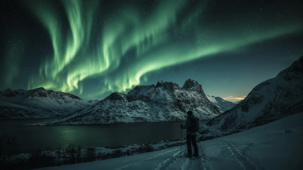 Silhouette of a hiker admiring the Northern Lights over the snow-covered fjords of Norway.
