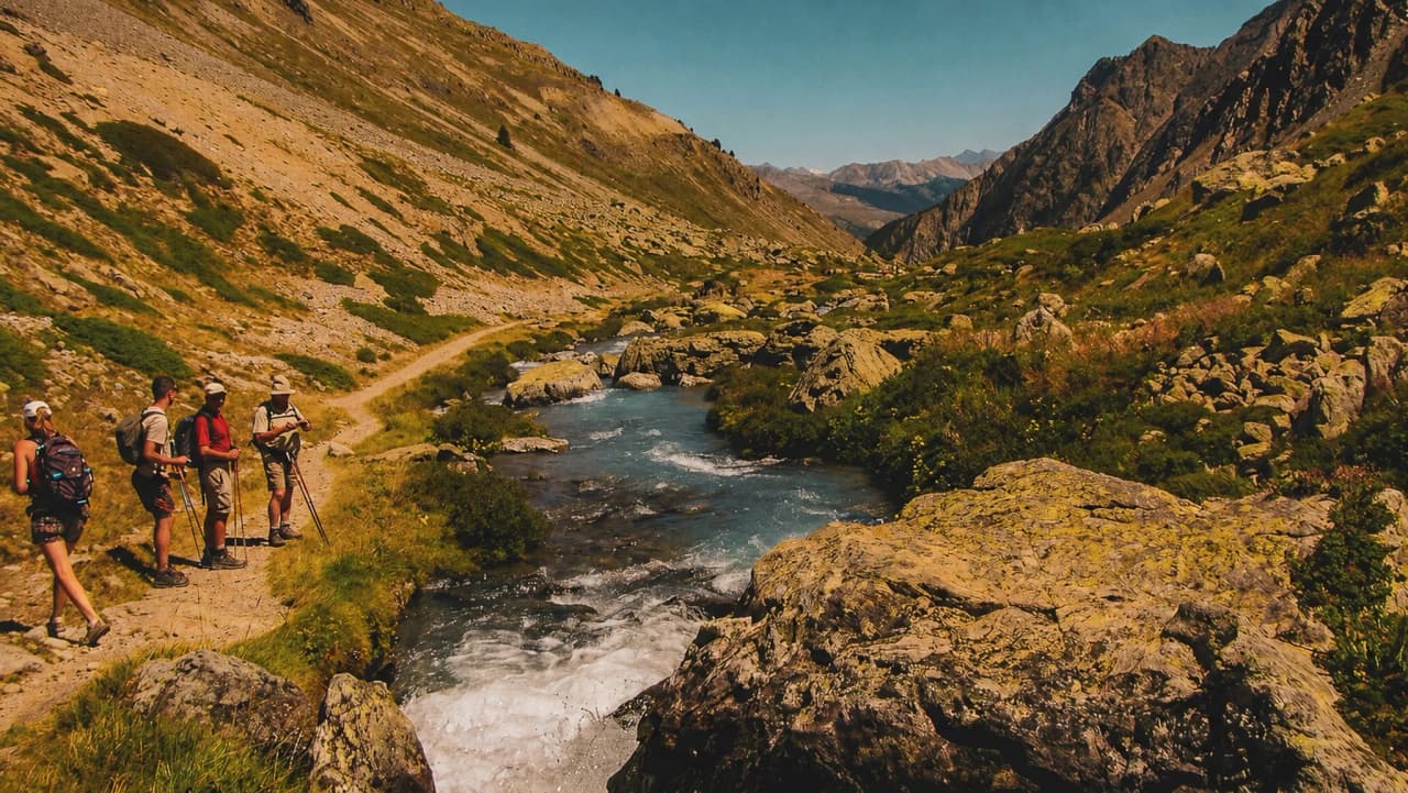 Hiking in the heart of the Écrins, a clear stream, majestic mountains and a group of hikers.