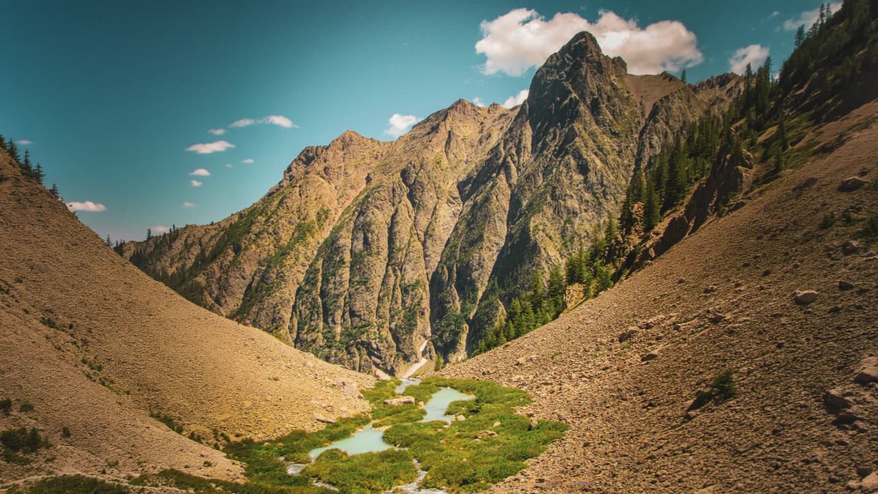 Vastes paysages montagneux des Écrins, vallées verdoyantes et lacs scintillants sous un ciel bleu.