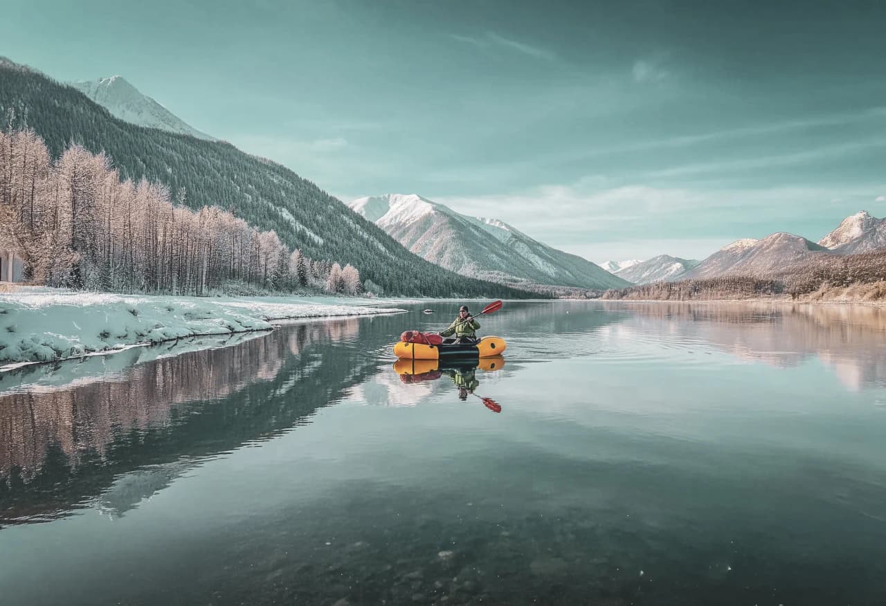 Paddle sur un lac paisible, entouré de montagnes enneigées et d'arbres givrés en hiver.