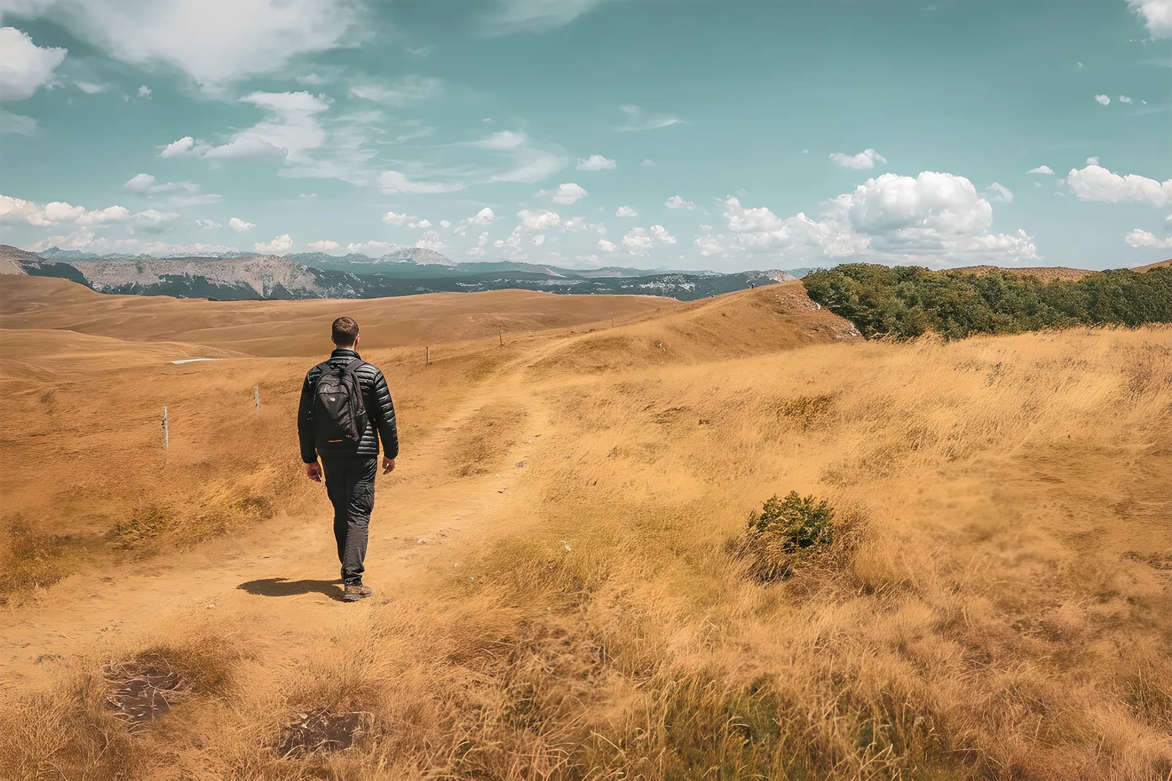 A lone hiker crosses breathtaking golden landscapes in the Vercors, under a blue sky.
