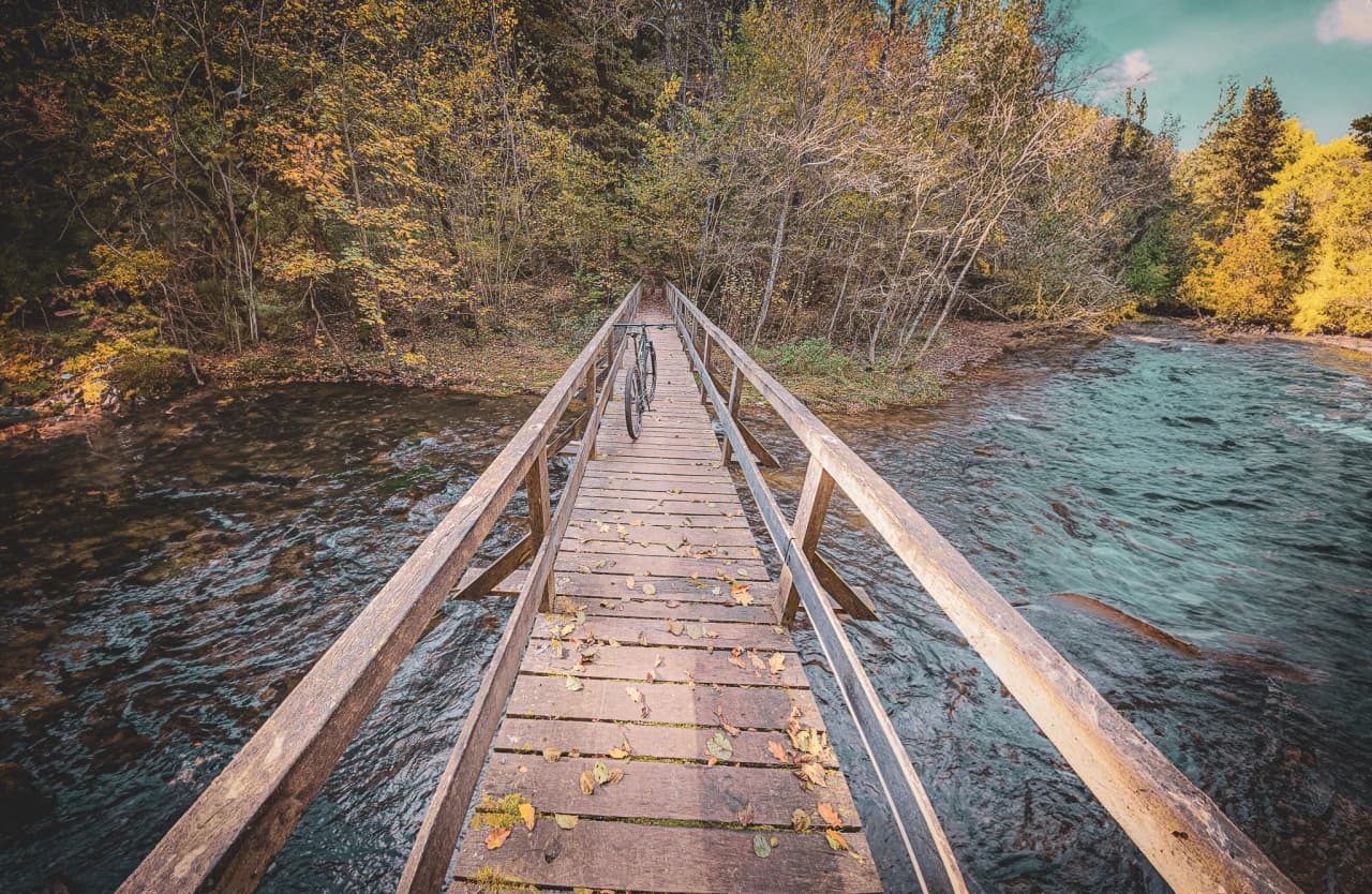 A wooden bridge crossing a river, lined with leaves and surrounding vegetation. Trees with colourful foliage, typical of autumn, frame the path. A bicycle is placed on the bridge.