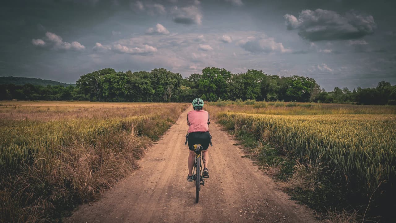 Un cycliste solitaire sur un chemin rural doré, entouré de verdure sous un ciel nuageux.