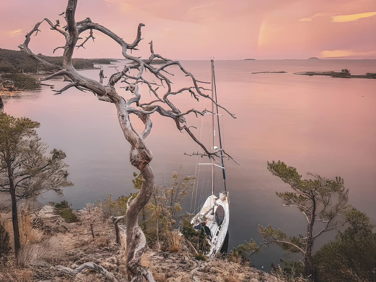 Voilier amarré paisiblement au coucher de soleil, entouré de paysages côtiers sereins.