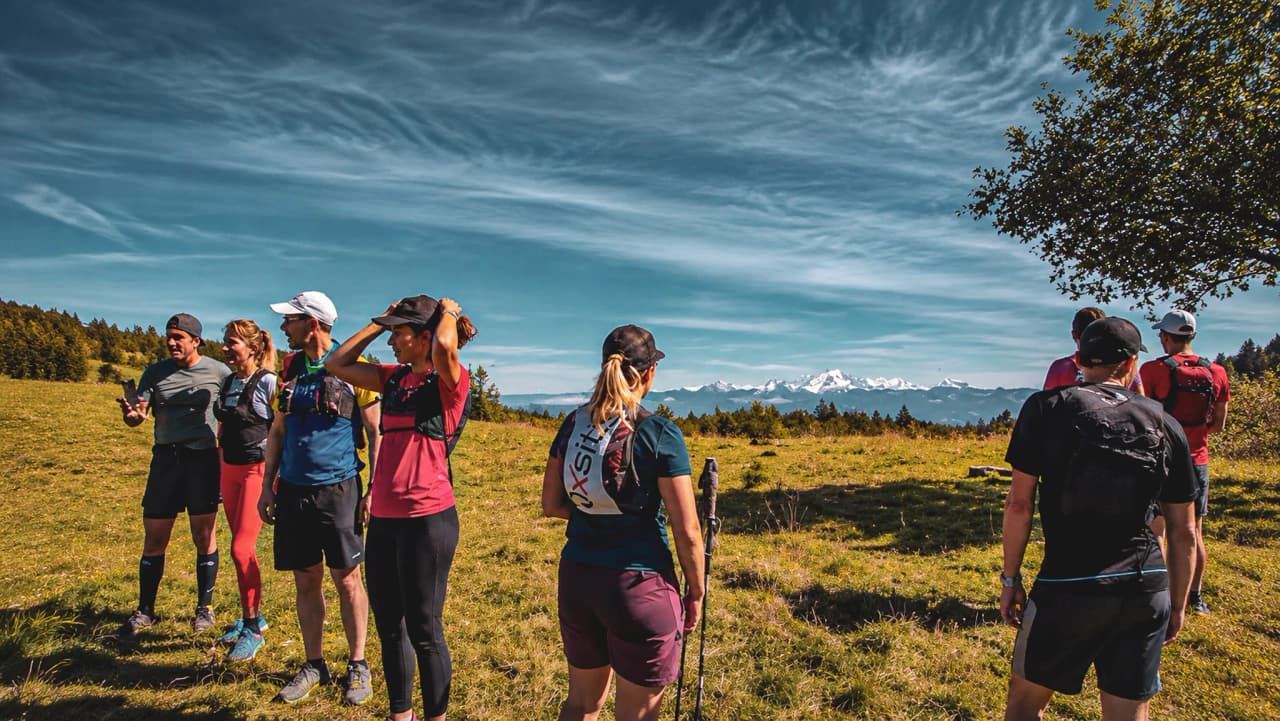 A group of runners on an Alpine trail, admiring snow-capped peaks under a blue sky.