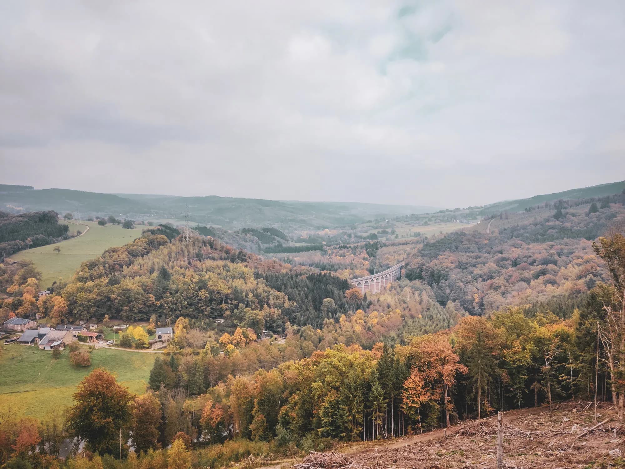 Panoramic view of the Ardennes forests, decked out in autumn colours, with a majestic viaduct.