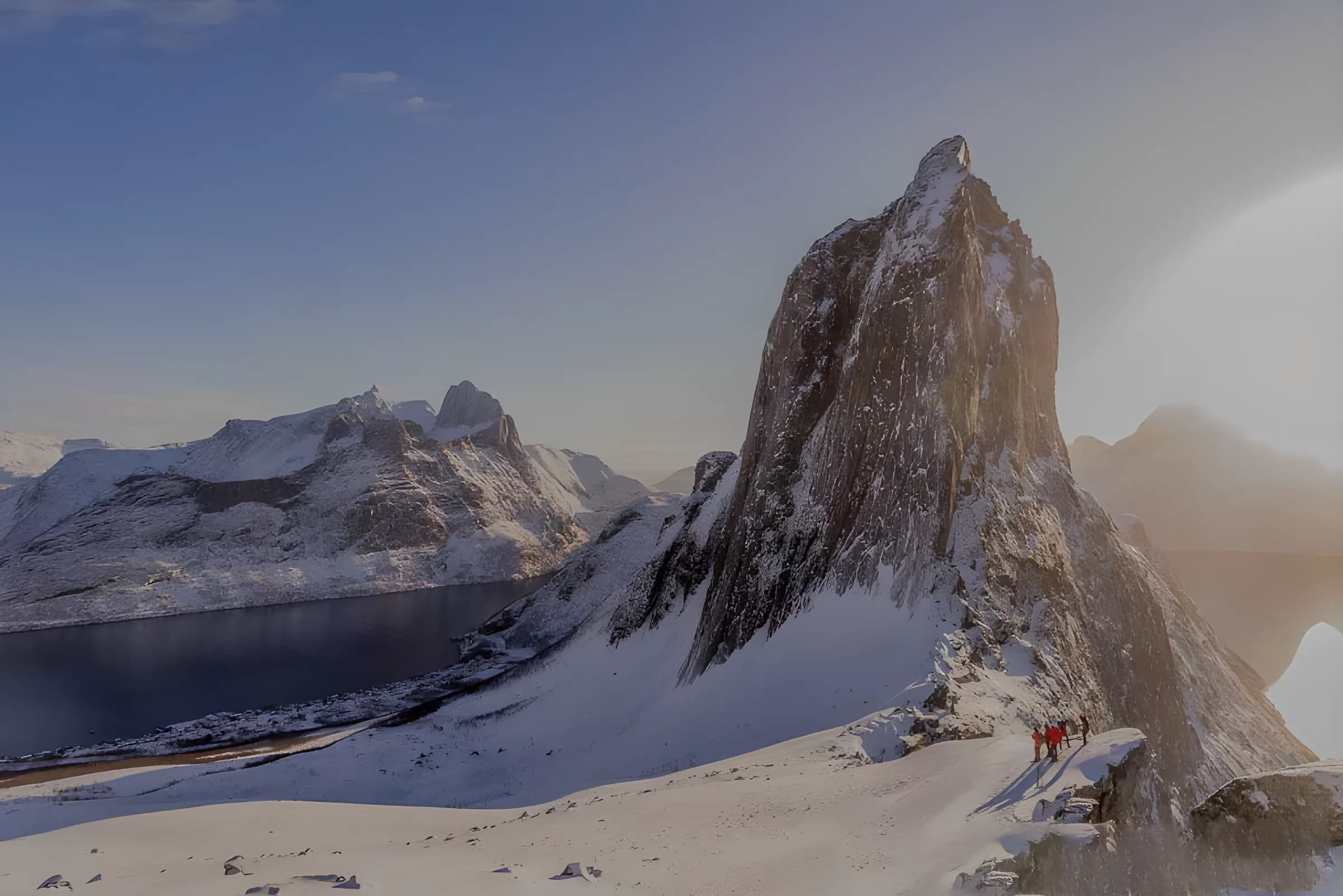 Picturesque Norwegian landscape: snow-capped mountains, fjord and hikers at dusk.