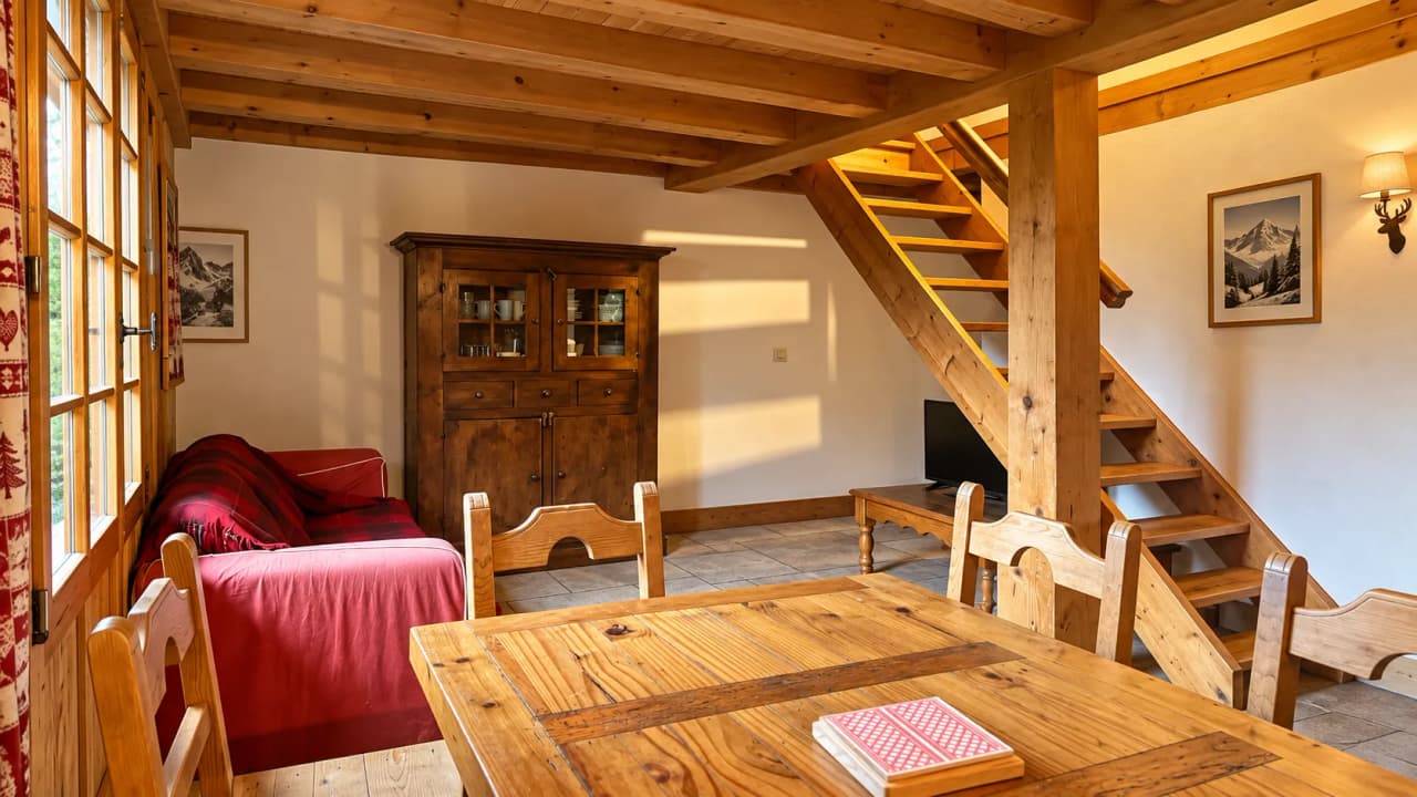 Een gezellige houten woonkamer met uitzicht op de bergen, perfect om na het bergbeklimmen tot rust te komen.
