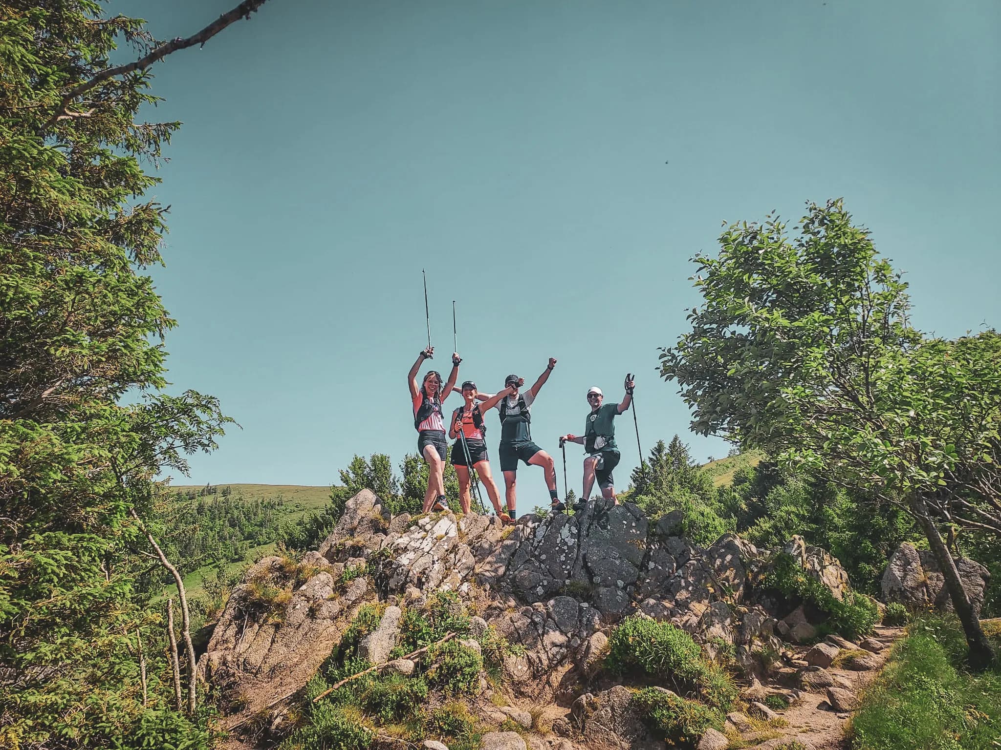 Five enthusiastic hikers pose on a rock, surrounded by greenery and under a blue sky.