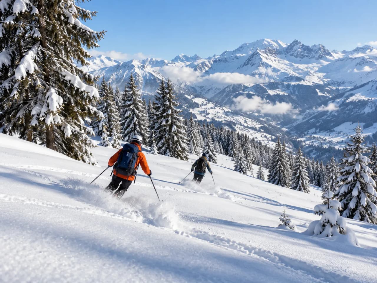 Skiers on an untouched slope, surrounded by snow-capped mountains and majestic fir trees.