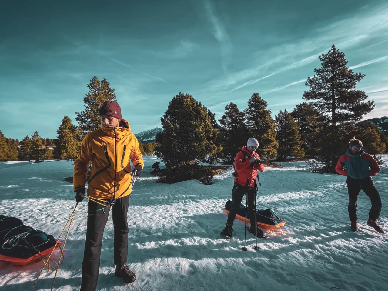 A group of adventurers on snowshoes, surrounded by breathtaking Alpine scenery.