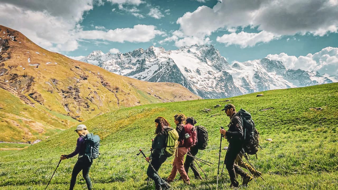 Un groupe de randonneurs explore les prairies verdoyantes, avec des montagnes enneigées en arrière-plan.