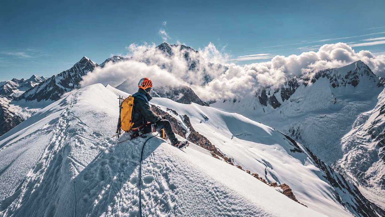 Een avonturier op een besneeuwde bergtop, met een adembenemend uitzicht op de bergen en de Mont Blanc.
