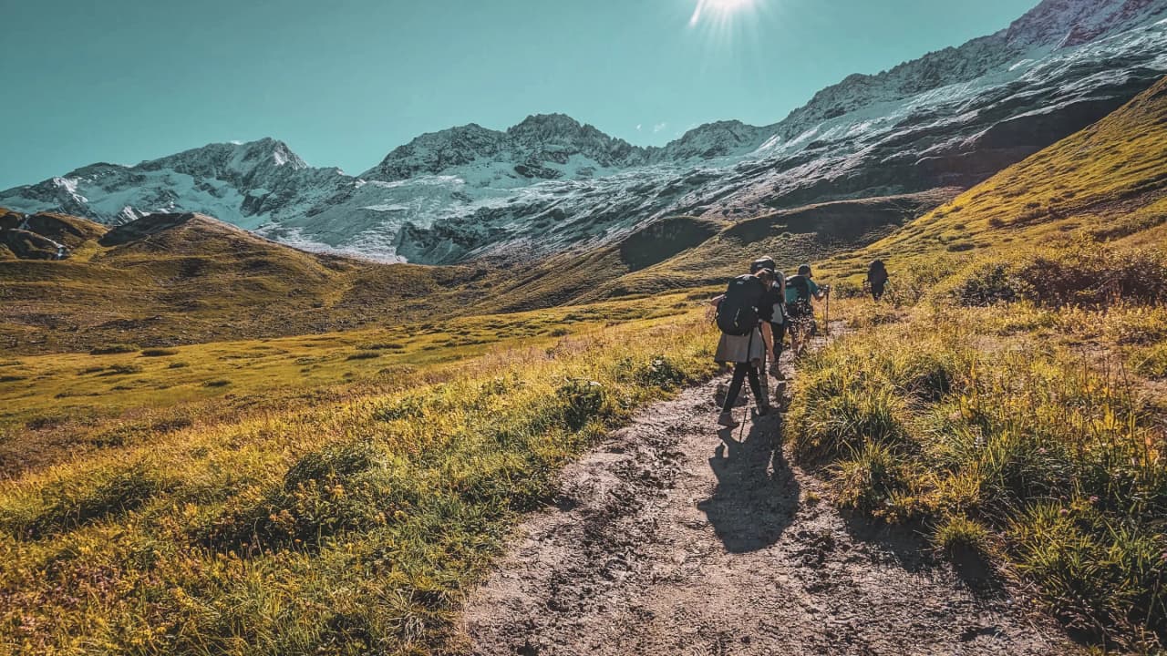 Randonnée au cœur du Beaufortain : sentier verdoyant avec montagnes enneigées en arrière-plan.