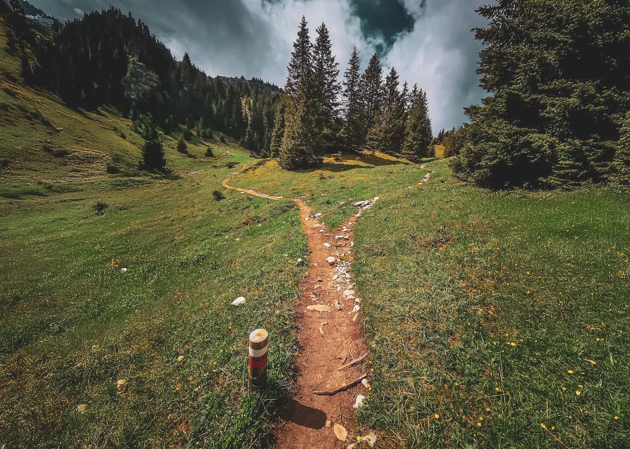 A vast and spectacular mountain landscape, with green hills dotted with rocks. Winding paths wind through the grass, while shadows cast themselves across the ground. The sky