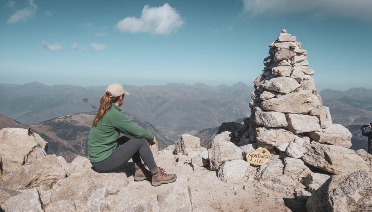 Woman admiring the view from the summit of Montardo, surrounded by majestic mountains.
