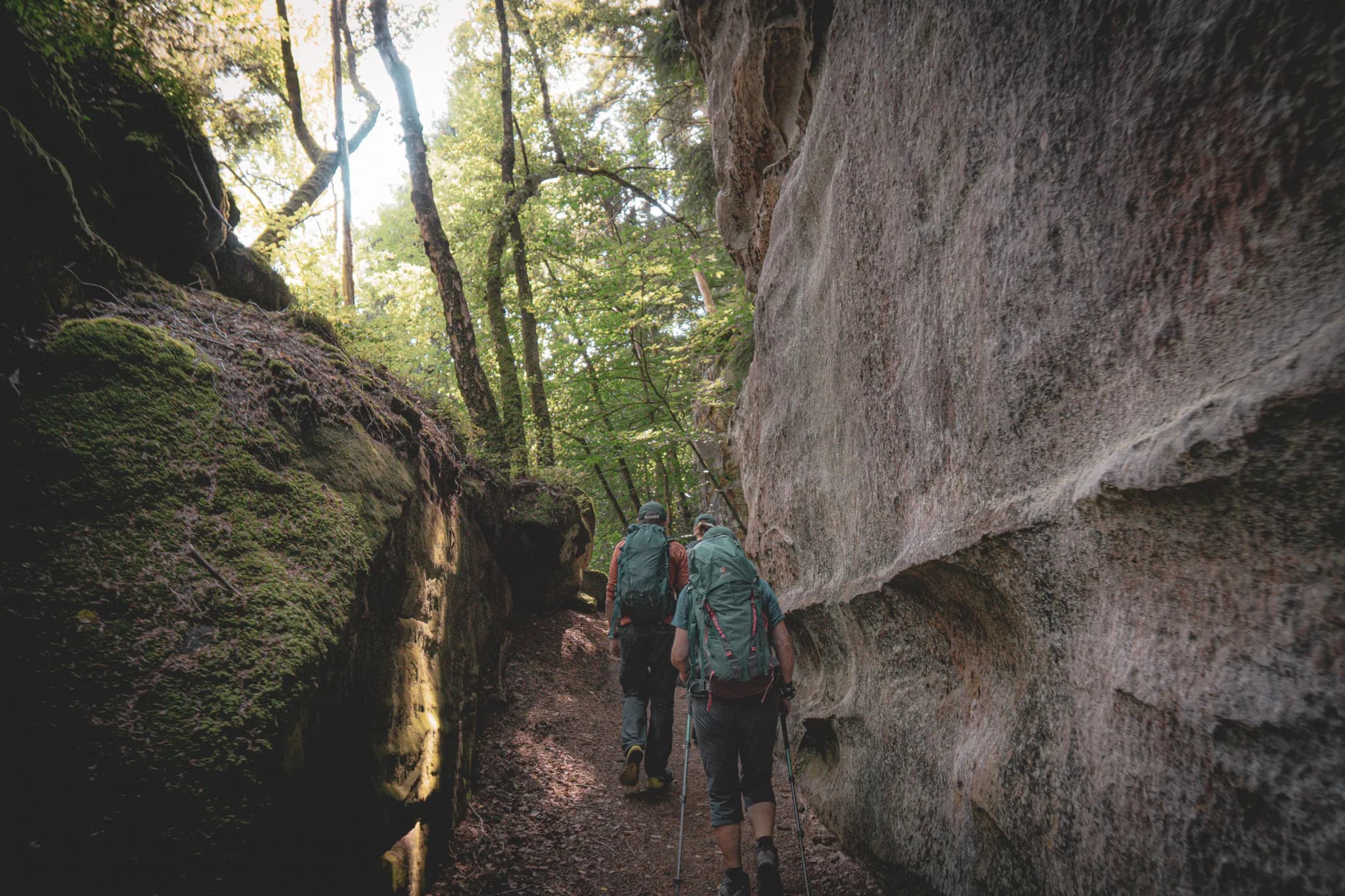 Drie wandelaars op een smal pad, omgeven door rotsen en groen, in Klein Zwitserland in Luxemburg.