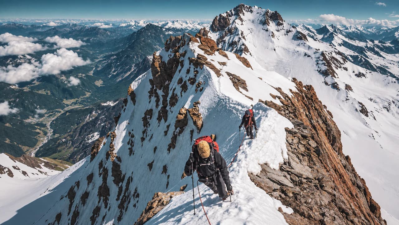 Avonturiers die een besneeuwde bergtop beklimmen, met adembenemende uitzichten op de bergen.