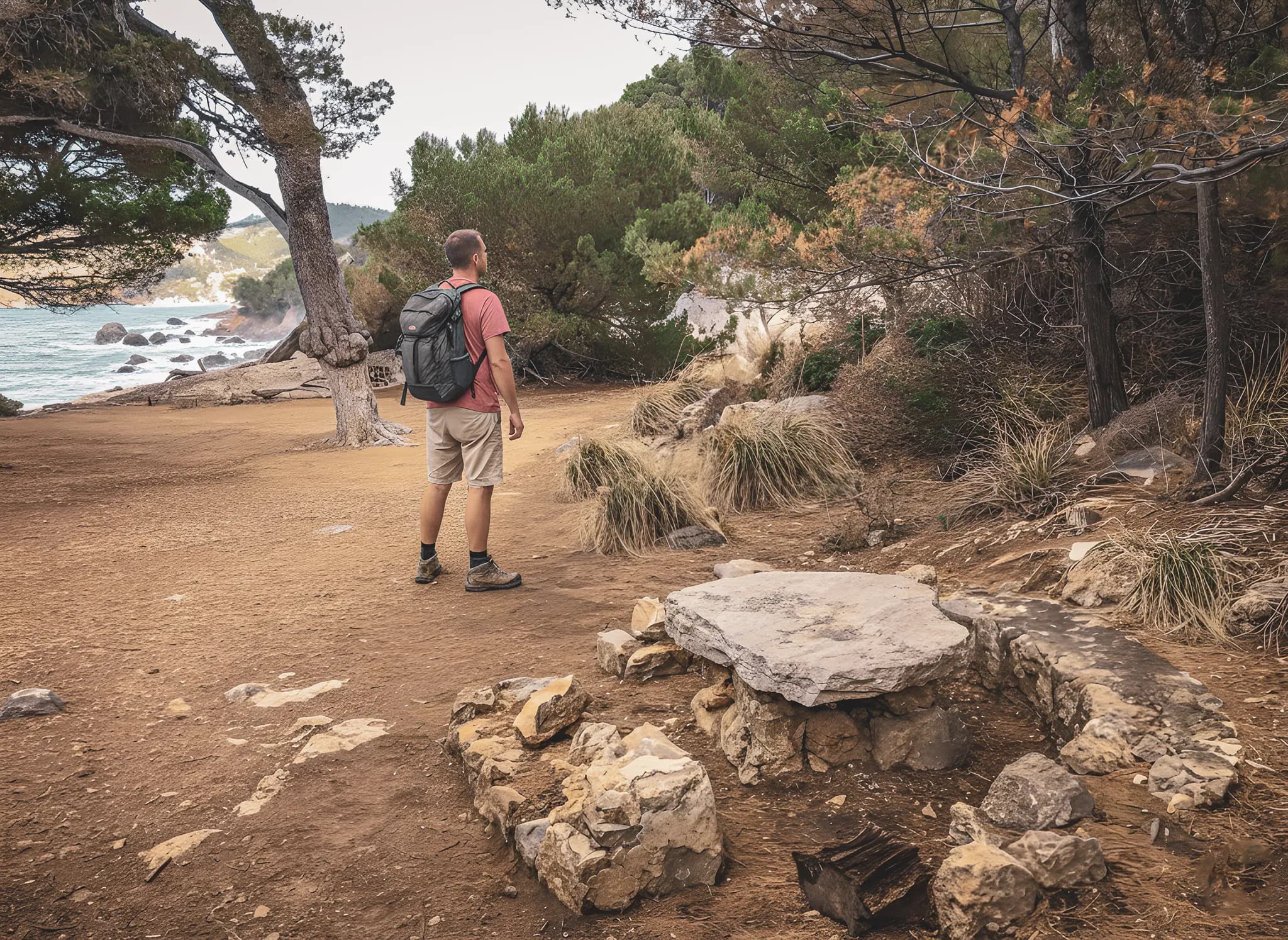 A hiker admires Mallorca's Mediterranean coast, surrounded by greenery and serenity.