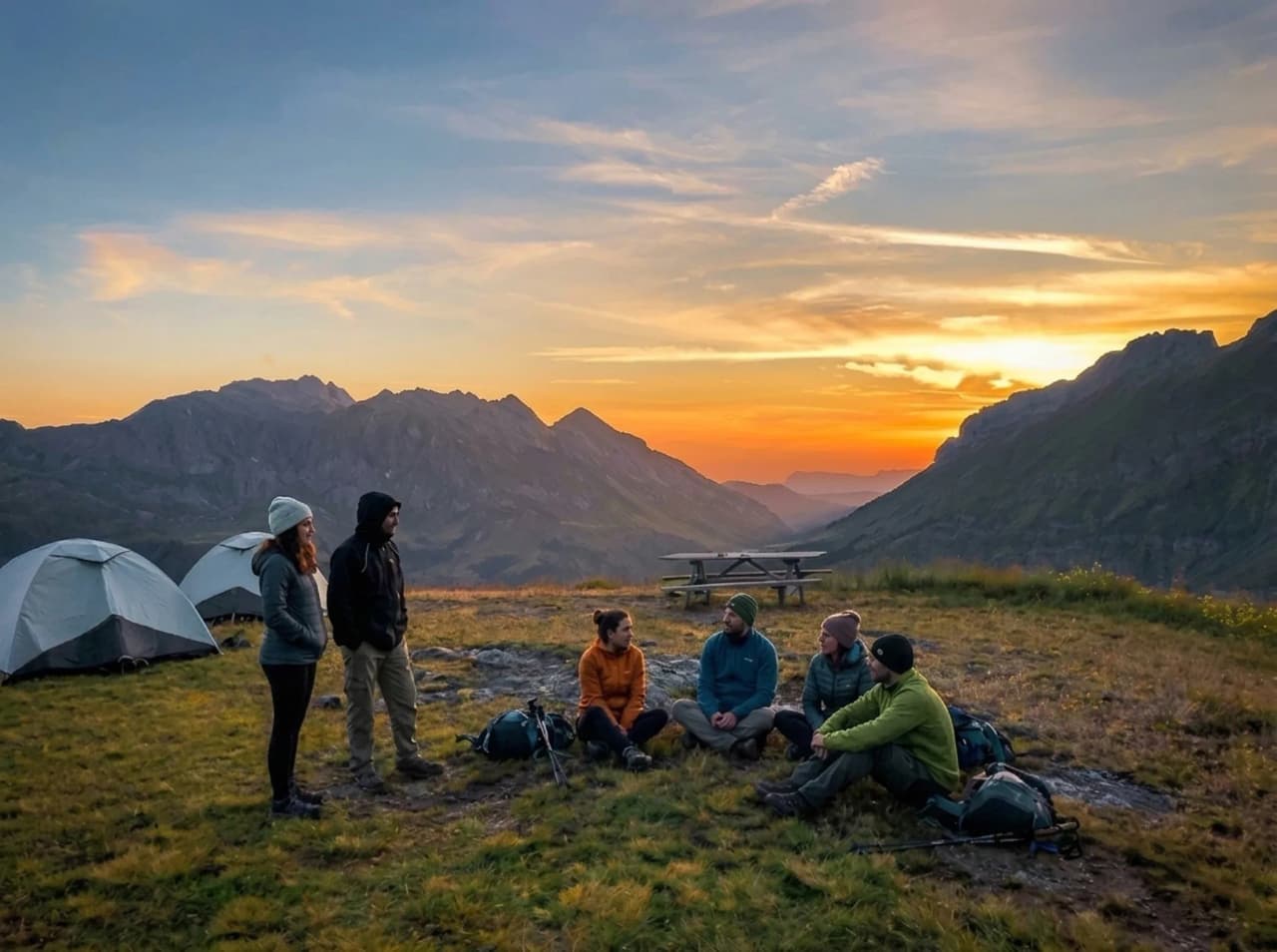 A group of friends enjoying an alpine sunset, with tents and mountains in the background.