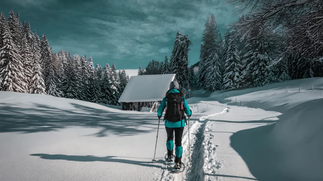 Randonneuse s'avançant dans un paysage enneigé du massif des Bauges, nature paisible et charmante.