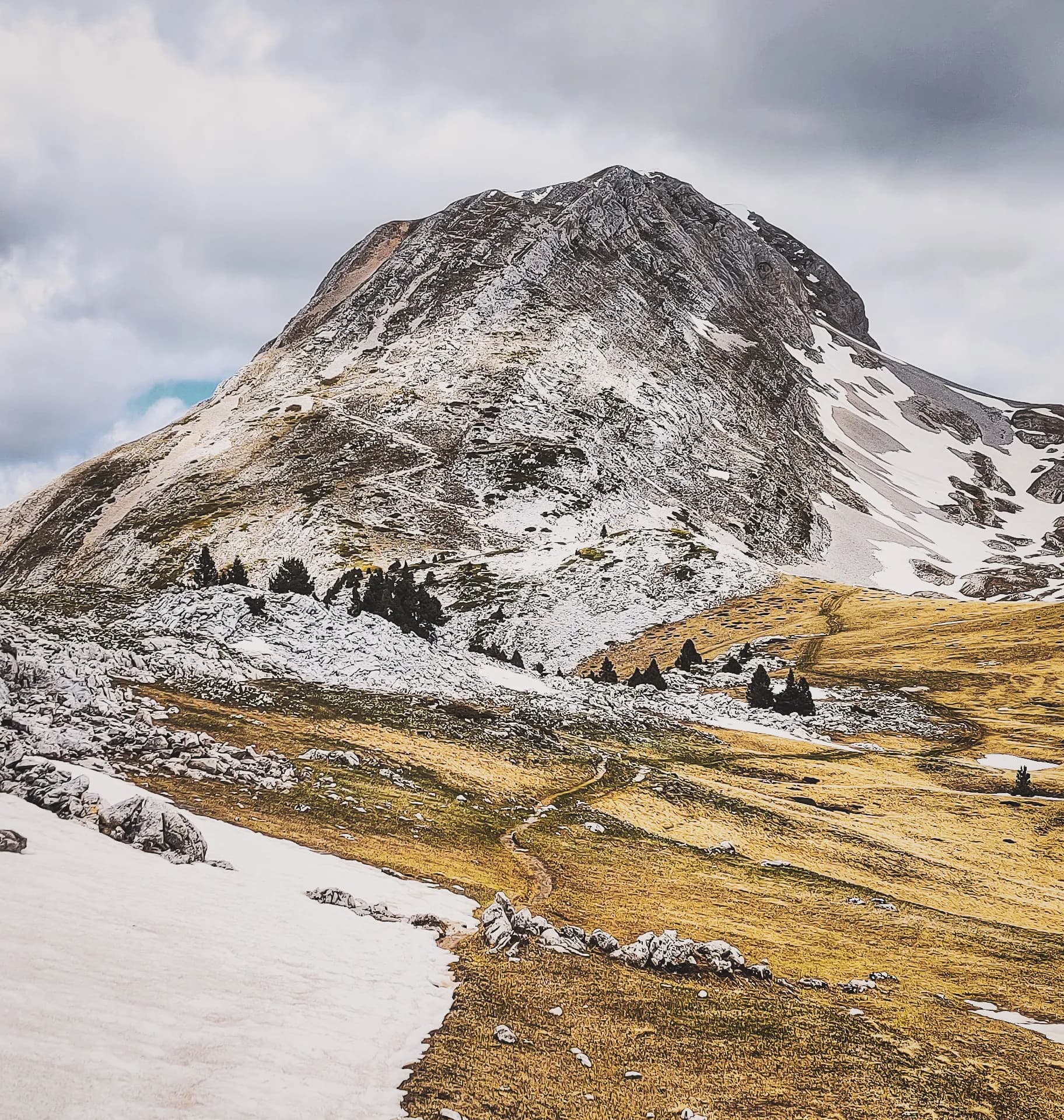 Een majestueus landschap in het Vercors-massief, een combinatie van bergen, goudkleurig gras en sneeuw.