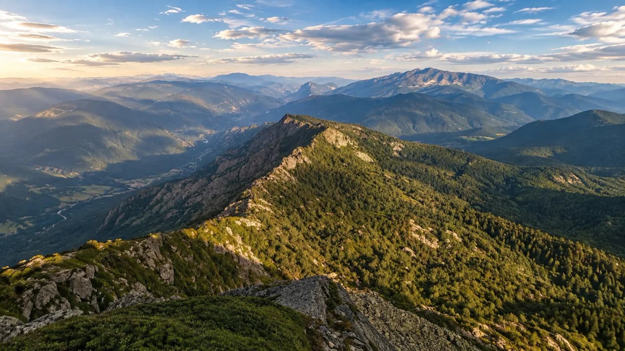 Een majestueus landschap in de Pyreneeën, met rotsachtige bergkammen en groene valleien onder een stralende hemel.