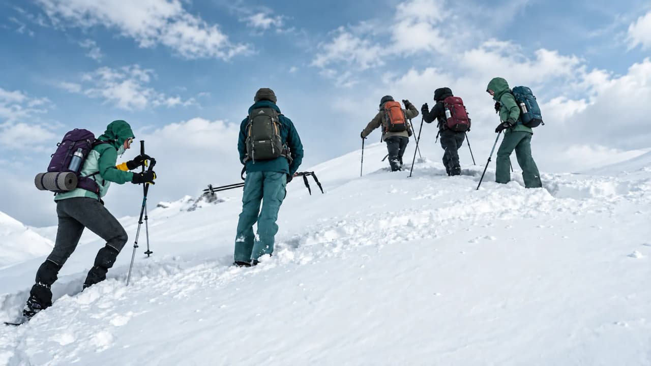 Een groep met sneeuwschoenen trekt onder een blauwe hemel door een besneeuwd landschap richting de bergen.