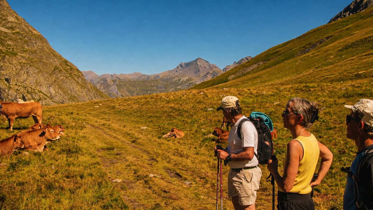 Hikers admiring panoramic mountain views, surrounded by peaceful cows and greenery.