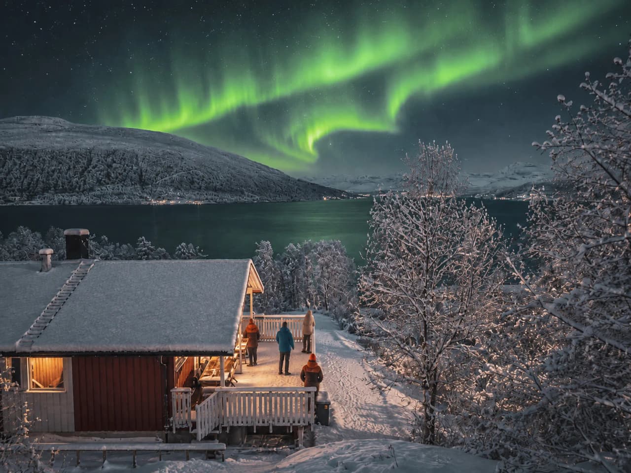 Een prachtige noorderlichtshow die een besneeuwd landschap en een gezellig chalet in Tromsø verlicht.