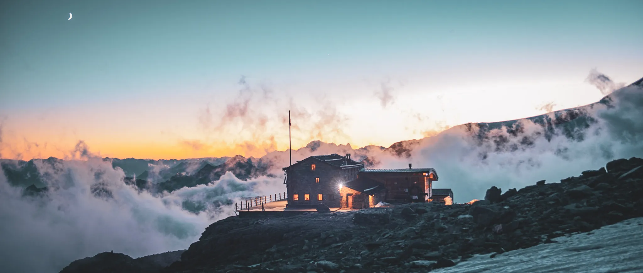 The Citta di Montova Mountain hut on an evening ski touring ascent of the 4000m peak of Monte Rosa