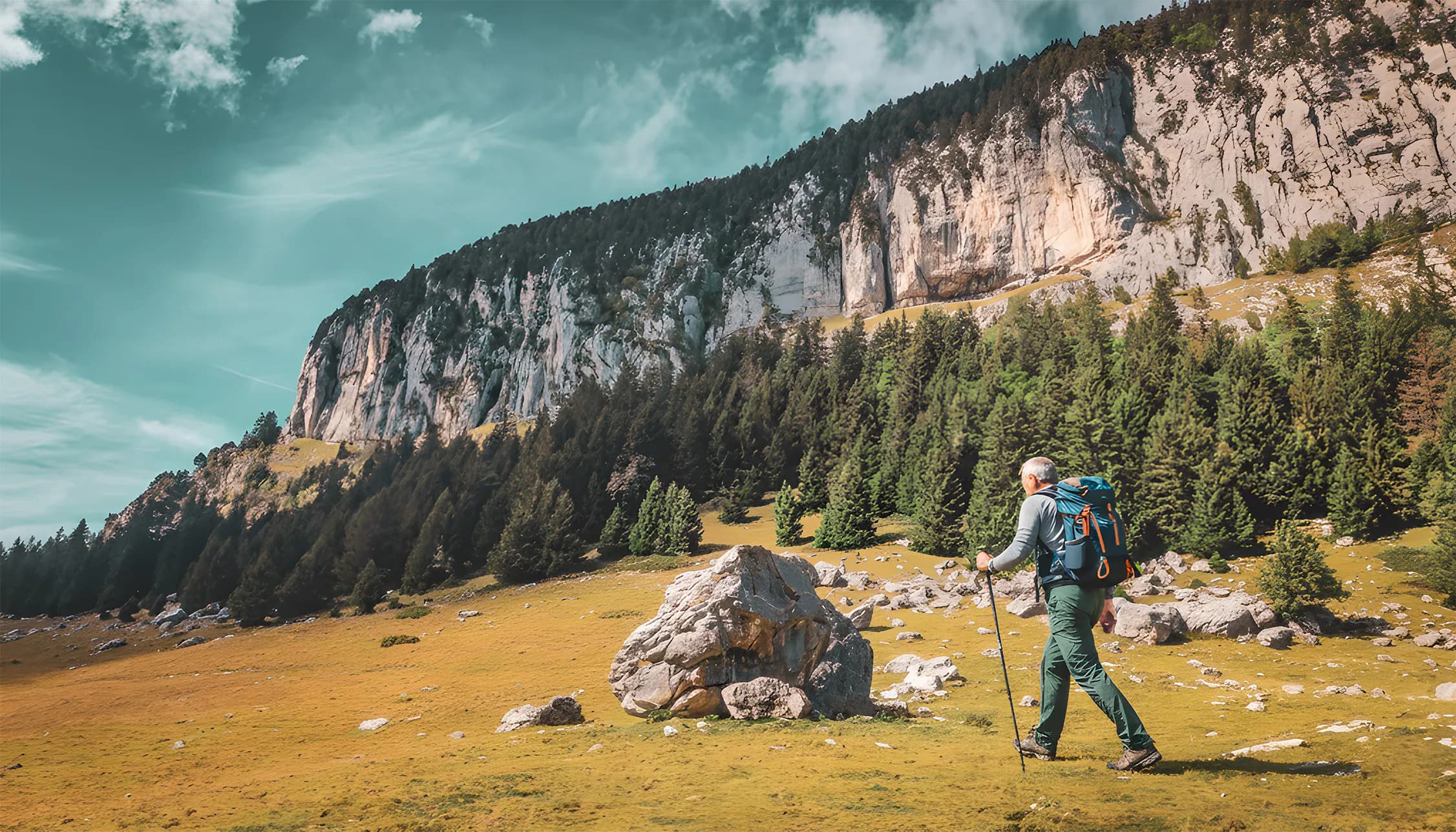 Randonneur traversant un paysage alpin, entouré de montagnes et de forêts luxuriantes.
