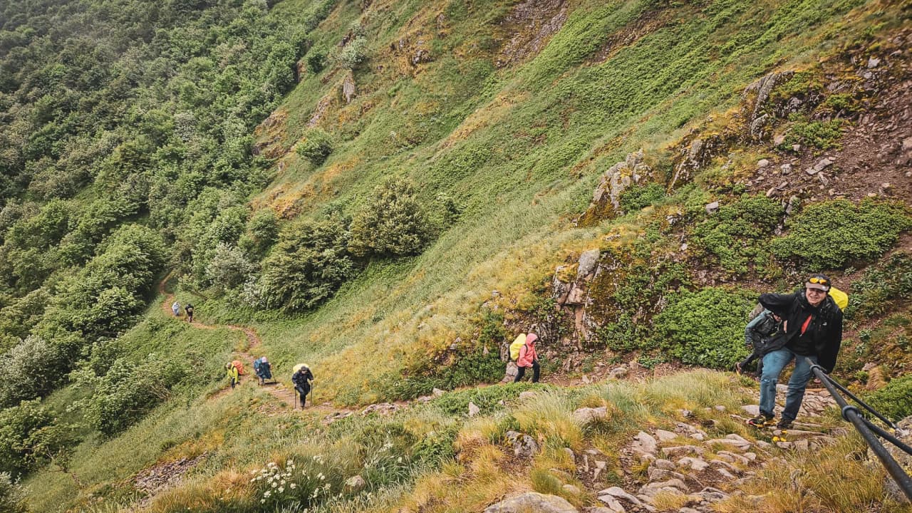 A hike through the lush green slopes of the Vosges, with walkers exploring the countryside.
