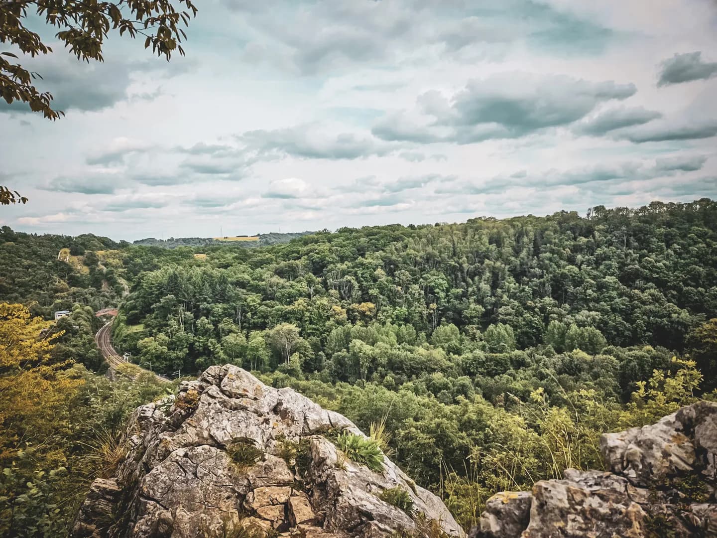 Panoramic view of a green valley, dotted with rocks and a winding river.