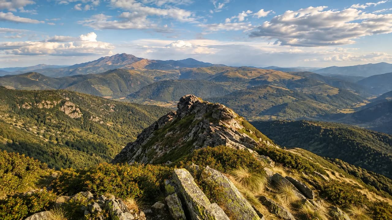 Een prachtig panoramisch uitzicht op de Pyreneeën onder een heldere hemel, dat uitnodigt tot avontuur.