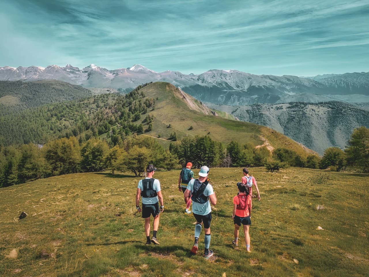Un groupe de coureurs explore le Mercantour, entouré de montagnes majestueuses et de verdure.