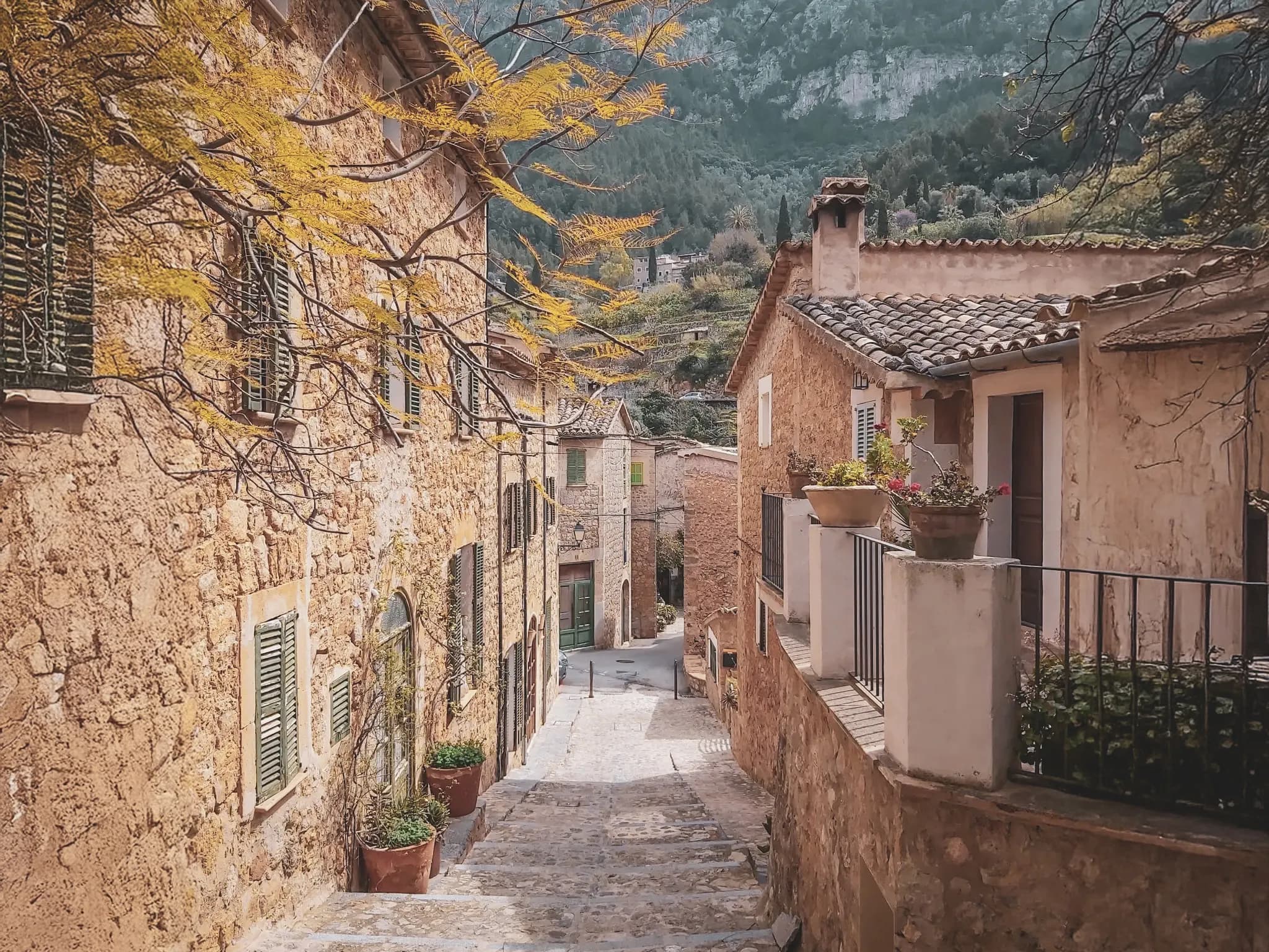 A picturesque Mallorcan street lined with stone houses and colourful flowers.