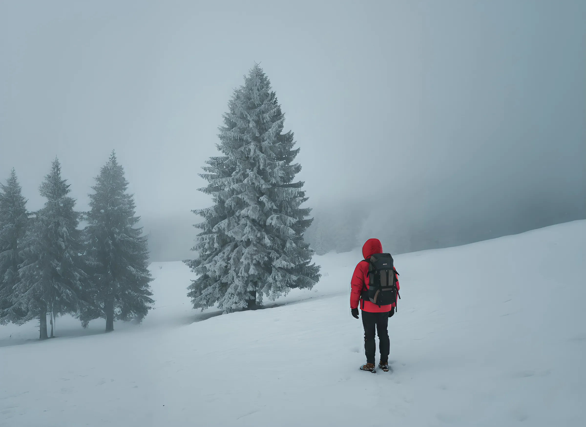 Homme en manteau rouge marchant dans un paysage enneigé, entouré de sapins sous la brume.