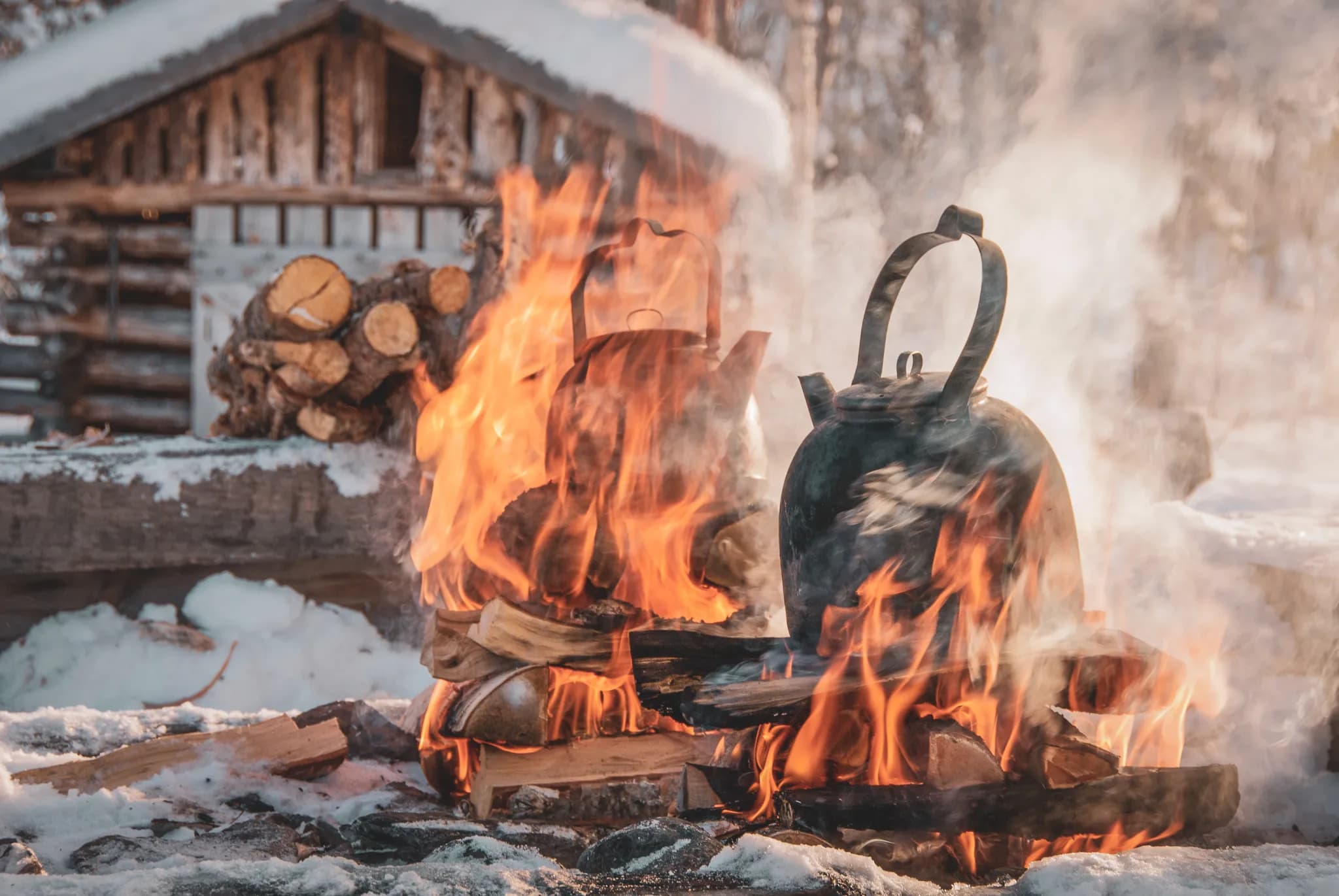 A campfire crackles with bright flames, surrounded by logs and wooden branches. Two metal teapots sit on a pile of logs, warmed by the fire. At the back