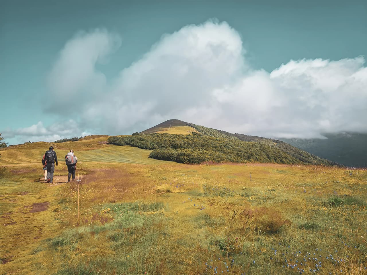 Deux randonneurs cheminent sur une vaste prairie verdoyante avec des collines sous un ciel nuageux.