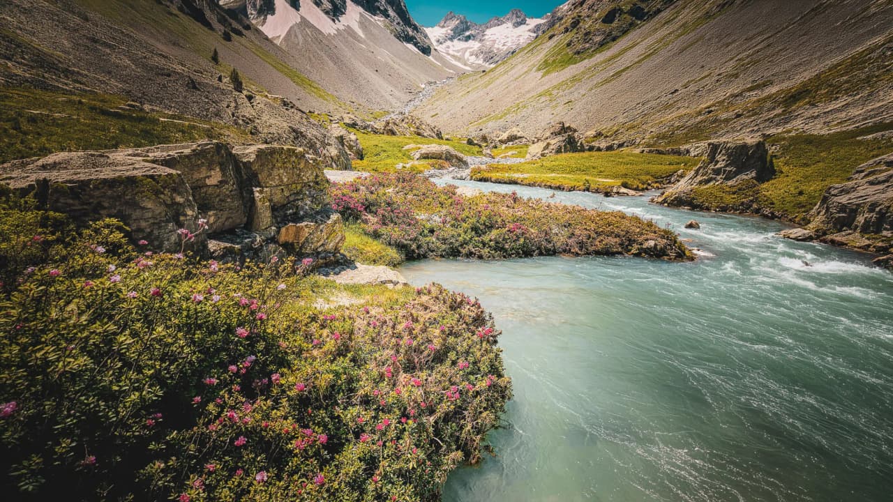 An enchanting landscape with a turquoise river, colourful flowers and majestic mountains.