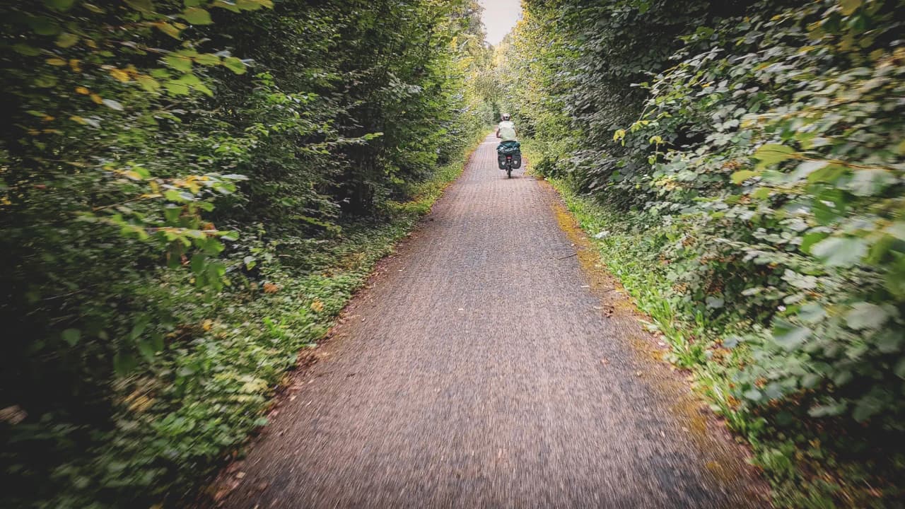Un chemin gravelé étroit entretenu, bordé d'une végétation luxuriante, serpentant à travers une forêt dense. Sur ce sentier, un cycliste, portant un casque et un sac à dos, roule vers l'avant.