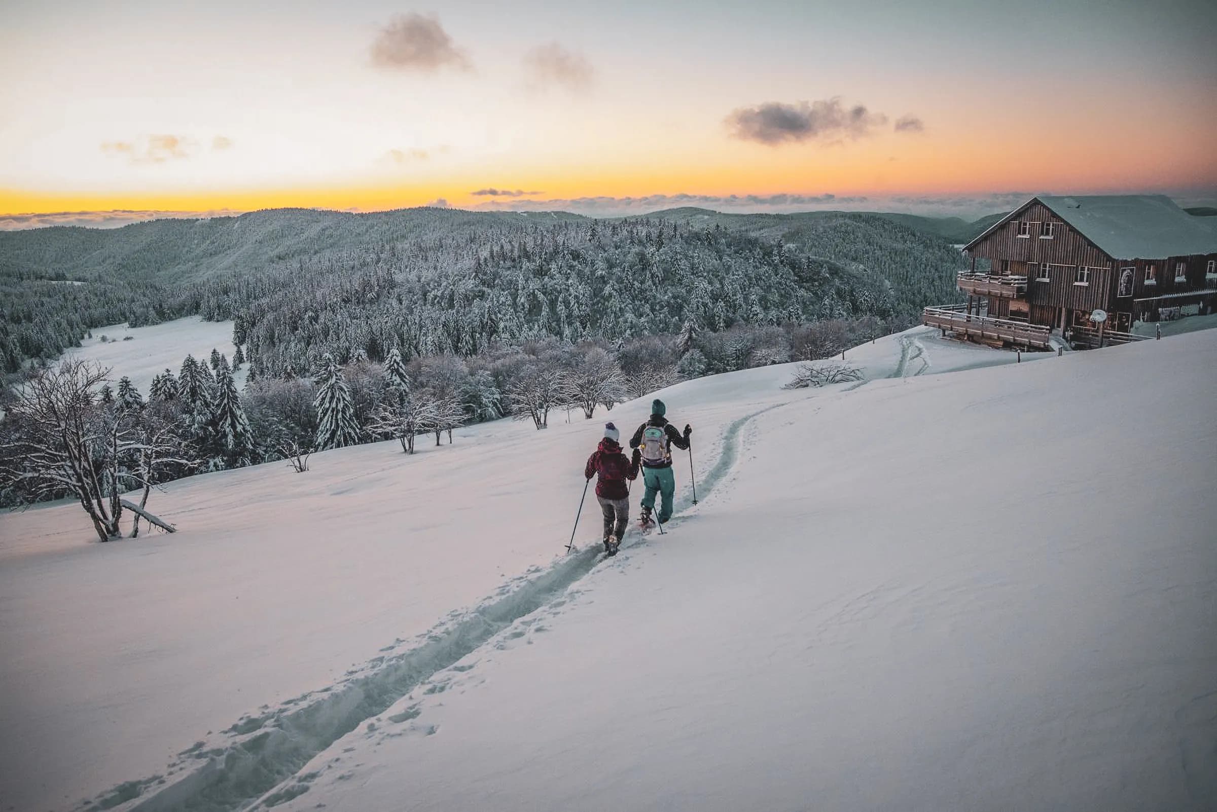 Een majestueus winterlandschap met een strook smetteloze sneeuw die de heuvels bedekt. Twee mensen lopen met wandelstokken over een pad dat door de sneeuw is uitgesneden. Rechts een houten chalet