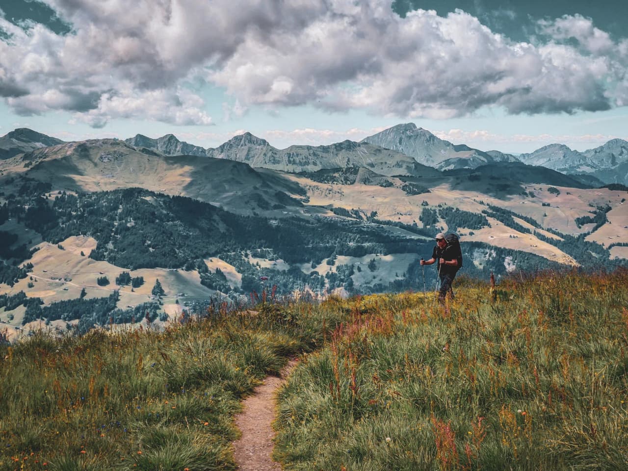 Hiking in the Alps, a path winding through majestic landscapes and scattered clouds.